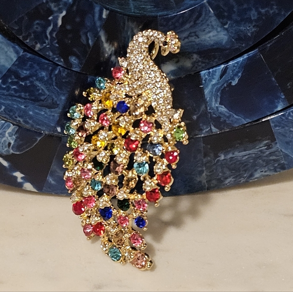 Jewelry - Peacock Brooch "Colorful" Rhinestones & Crystals